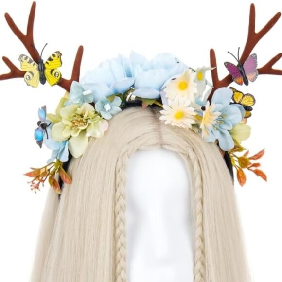 Deer Antlers Headband Flower Crowns Woodland Forest Fairy Reindeer Headpiece Cos - Picture 1 of 9